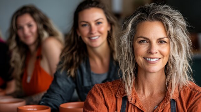 Smiling woman sits at pottery class with other participants while creating clay bowls.