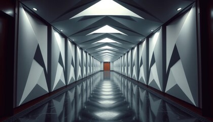 Futuristic geometric corridor, abstract architecture, reflective floor, modern design