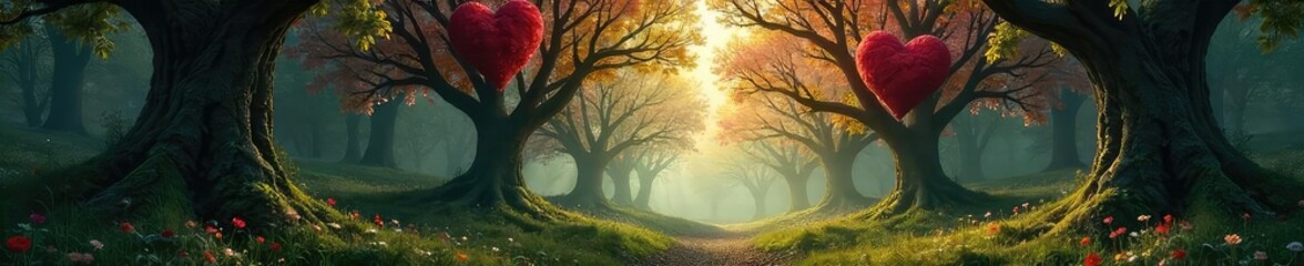 A mystical forest with trees shaped like hearts, bathed in soft sunlight filtering through the canopy Perfect for fairytale, fantasy, romance, and nature themes , natural beauty, woodland