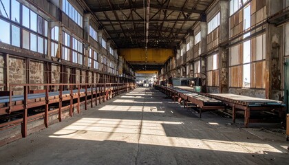 Fototapeta premium Rusty Conveyor Belts in Abandoned Warehouse Under Harsh Midday Sun
