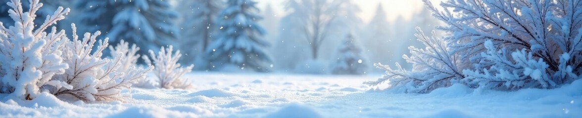 Frozen landscape blanketed in pristine snow, icy branches heavy with frost, winter wonderland scene A beautiful display of freezing temperatures and snowfall , winter, blizzard conditions
