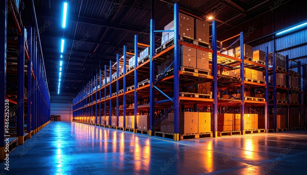 Poster industrial warehouse with rusty pallet racking system and loading docks