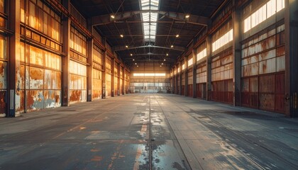 Fototapeta premium Rustic Refrigerated Warehouse Interior with Industrial Golden Lighting