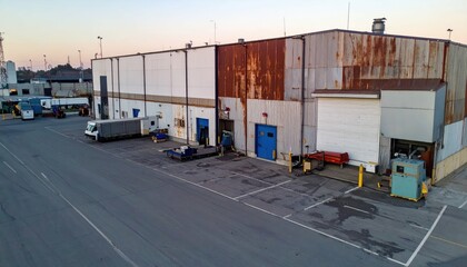 Aerial View of Rusty Refrigerated Warehouse at Dawn with Machines