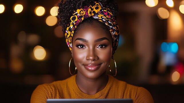 Smiling woman with patterned headscarf is holding a tablet against a background of blurred lights.