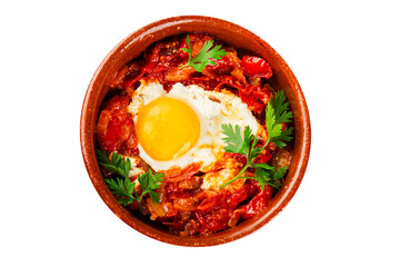 Fried egg tomatoes shakshuka vegetable dish appetizer fresh delicious gourmet food background on...
