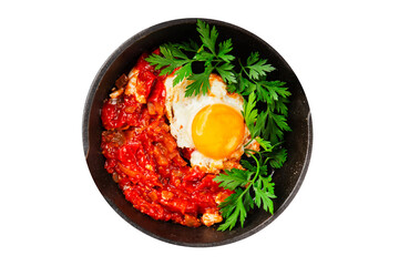 Fried egg tomatoes shakshuka vegetable dish appetizer fresh delicious gourmet food background on the table rustic food top view copy space vegetarian  food