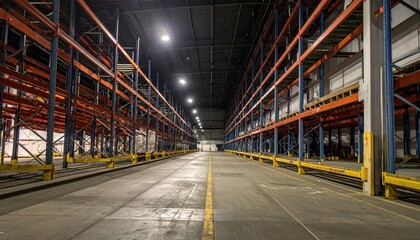 Fototapeta premium Rusty Refrigerated Warehouse with Shelving Units at Night