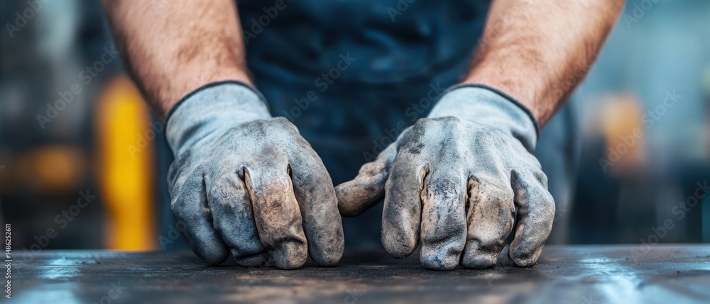 Poster skilled hands in work gloves on a rustic table in a workshop setting