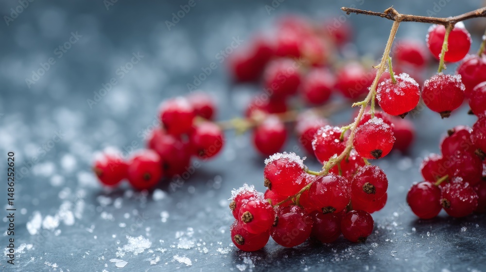 Poster close-up of vibrant red currants dusted with frost, sparkling in diffused sunlight against blurred s