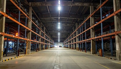 Fototapeta premium Dimly Lit Rusty Refrigerated Warehouse with Empty Shelving Units