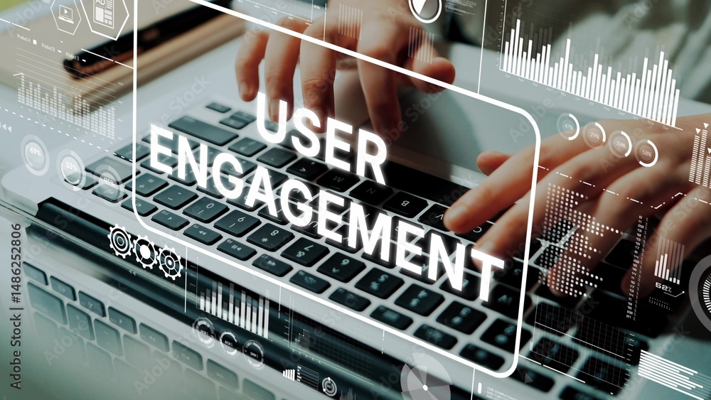 Poster close-up of hands typing on laptop keyboard with user engagement text overlay and data analytics ele