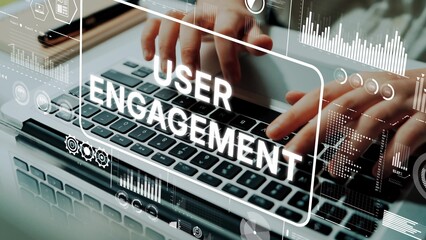 Close-Up of Hands Typing on Laptop Keyboard with User Engagement Text Overlay and Data Analytics Elements. Asymptotic smart data analytic.