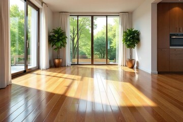 Fototapeta premium Gleaming hardwood floors reflecting light in a modern, spacious interior , detail, contemporary