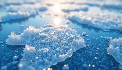 Close-up of ice crystals forming intricate patterns on a frozen surface, reflecting winter sunlight , background, winter backdrop, cold scene
