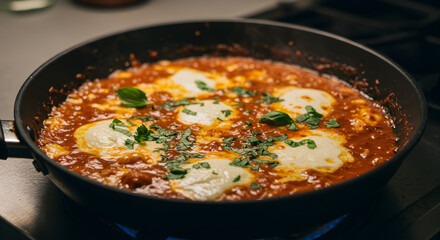 Cooking eggs in tomato sauce on the stove top with fresh herbs