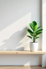 A serene minimalist interior features a single, elegant potted plant on a bleached wood shelf against a white wall, embodying understated sophistication and calm , simple, calm