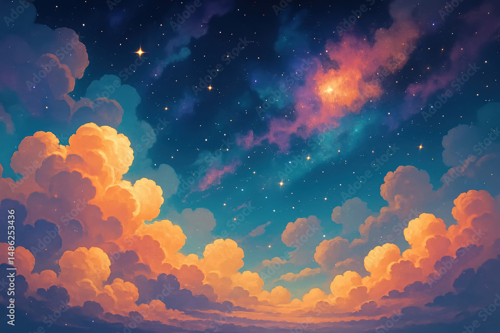 Poster cosmic backdrop with colorful clouds and twinkling stars creating a vibrant sky scene in a dreamlike