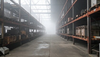 Foggy Warehouse with Rusty Vehicle Parts and Shelving Units