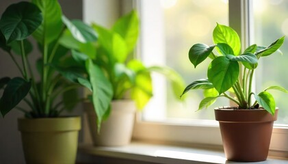 Lush green potted plant thriving indoors, bathed in soft sunlight Perfect for home decor, interior design, and plant lover content Shows healthy growth and vibrant foliage , leaves, foliage plant