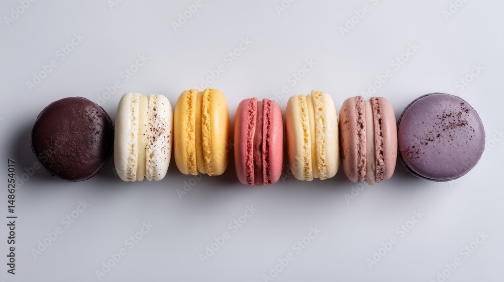 Poster macarons in a variety of colors and flavors are artistically lined up on a white surface, each casti