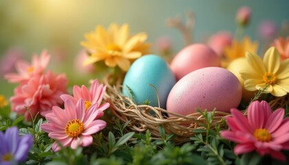 Colorful Easter eggs nestled in a spring flower arrangement, radiating joy , spring, Easter, holiday