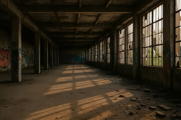 Abandoned Warehouse Interior With Graffiti and Soft Natural Light Exposure for Artistic Urban Exploration and Architectural Photography