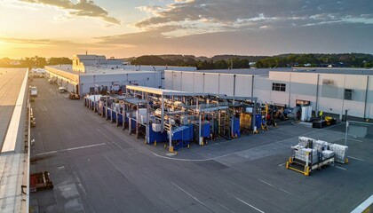 Aerial View of Sprawling Warehouse with Storage Facilities at Dawn