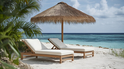 Fototapeta premium A tropical beach scene featuring two wooden lounge chairs with white cushions under a thatched palm umbrella