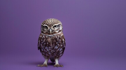 Fototapeta premium A small owl, centered against a vibrant purple backdrop