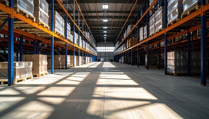Fototapeta premium Expansive Warehouse Interior with Dramatic Shadows and Shelving Units