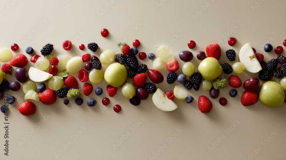 Aufkleber slices of colorful fruits and vegetables are artistically arranged on a neutral surface, creating a 