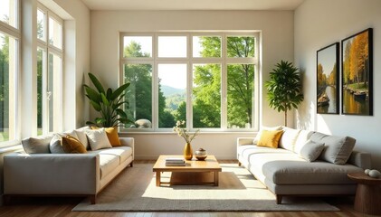 Fototapeta premium Bright, sunlit living room with comfortable furniture and large windows , light, home decor