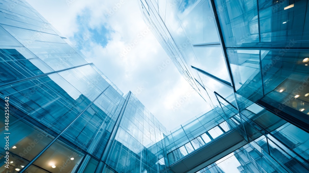 Aufkleber captivating upward view of a modern glass office building showcasing its reflective surfaces against