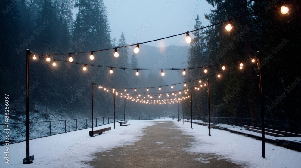 Poster snow gently falls over a serene forest pathway adorned with glowing string lights on evergreen trees