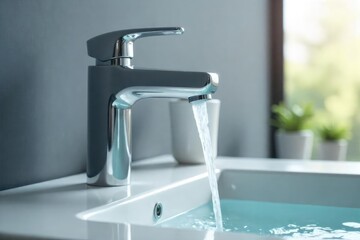 Close-up of a modern bathroom faucet with water flowing , installation, chrome