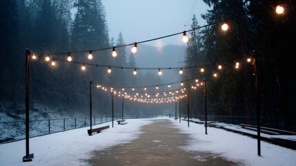 Snow gently falls over a serene forest pathway adorned with glowing string lights on evergreen trees, creating a magical winter atmosphere at dusk