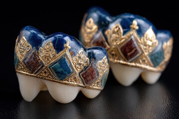 Naklejka premium Ornate gold and enamel dental jewelry on dark background.
