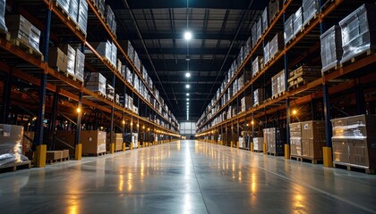 Fototapeta premium Sprawling Warehouse Furniture with Pallet Racking at Night