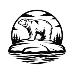 Bold Outline Polar Bear in Arctic Landscape with Trees, Ice, Sky, Minimalist Icon