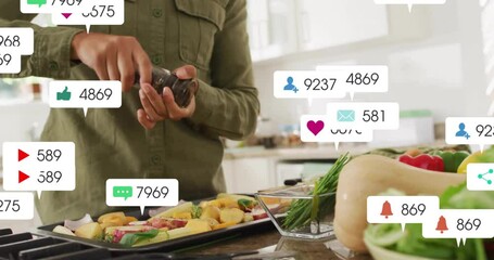 Home cook woman tapping smartphone at kitchen counter, showcasing marketing metrics icons - Powered by Adobe