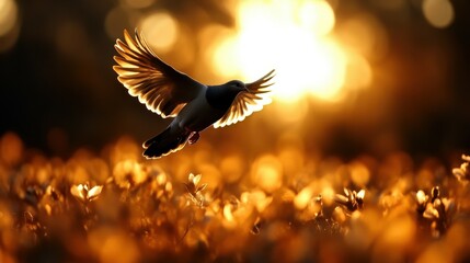 Obraz premium A dove flying over a field of blooming flowers