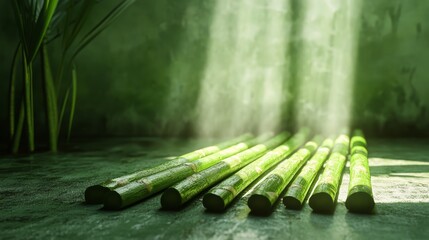Bamboo sticks lying on green floor with sun rays through misty air in forest room.