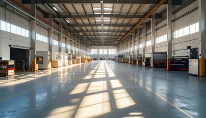 Sprawling Bay Warehouse with Packaging Machines and Dramatic Shadows