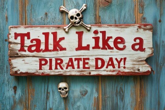 A weathered sign promoting talk like a pirate day with skull and crossbones decoration on blue wall - Powered by Adobe