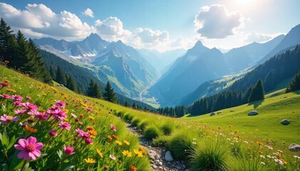 Fototapeta premium Serene alpine meadow nestled high in the mountains, wildflowers in bloom, overlooking majestic peaks under a vibrant sky A breathtaking vista of untouched natural beauty , botany, sky, sunlight