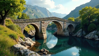 Fototapeta premium Ancient Greek stone bridge spanning a river, weathered and worn by time Sunlit, idyllic scenery , calm, parthenon