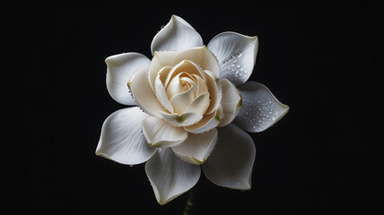 Realistic white gardenia in full bloom with dewy petals on a black background, minimal artistic botanical portrait

