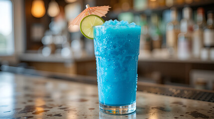 A vibrant blue slush cocktail with lime and umbrella, served in a glass on a bar counter