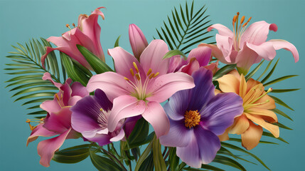 Fototapeta premium An artful and vibrant arrangement of pink lilies, purple hibiscus, and lush green palm fronds creates a stunning floral display against a soothing turquoise backdrop.